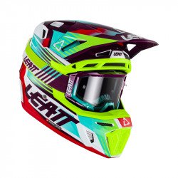 KASK LEATT MOTO 8.5 V23 + GOGLE VELOCITY 5.5 NEON ZIELONY FLUO FIOLETOWY NIEBIESKI